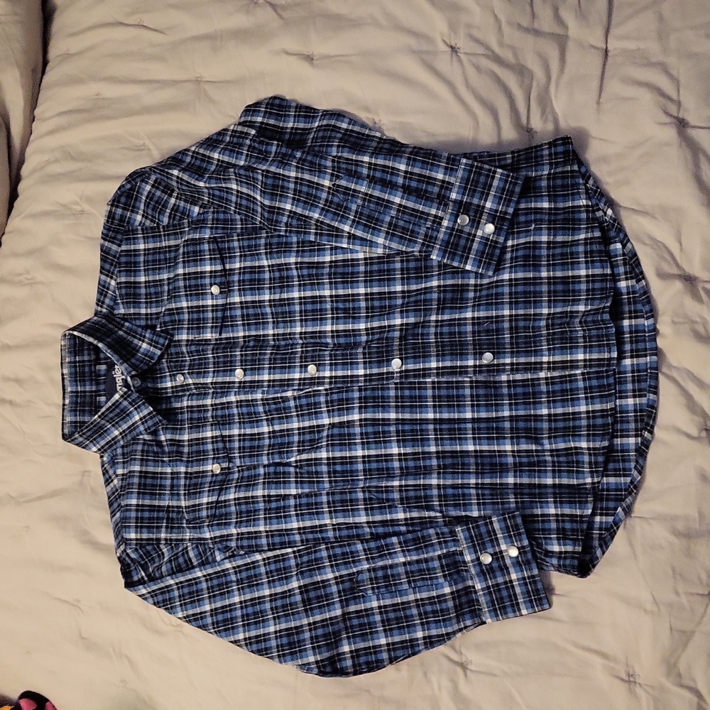 Boys Wrangler western plaid snap shirt sz M